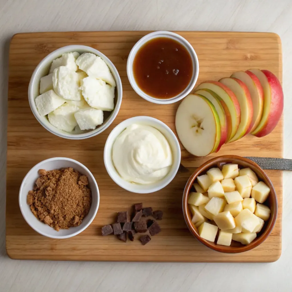 Homemade Caramel Apple Dip with Cream Cheese 6 Flat lay of ingredients for caramel apple dip