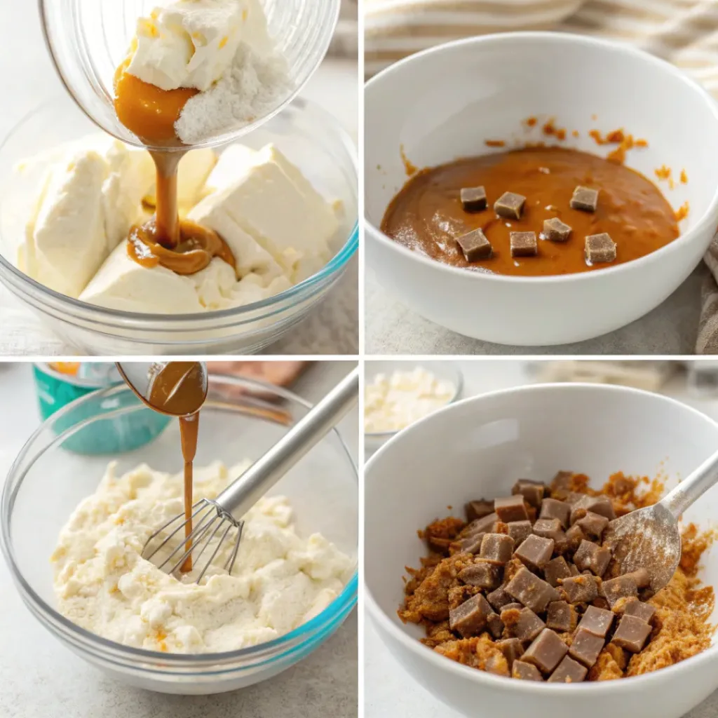 Homemade Caramel Apple Dip with Cream Cheese 7 Step-by-step collage of making caramel apple dip