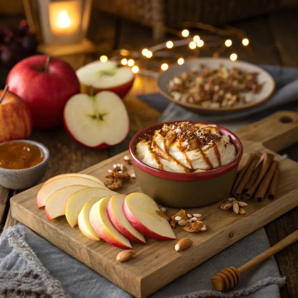 Homemade Caramel Apple Dip with Cream Cheese 8 Caramel apple dip served with sliced apples on a wooden board