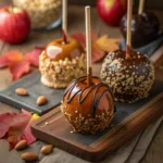 Caramel apples with assorted toppings on sticks