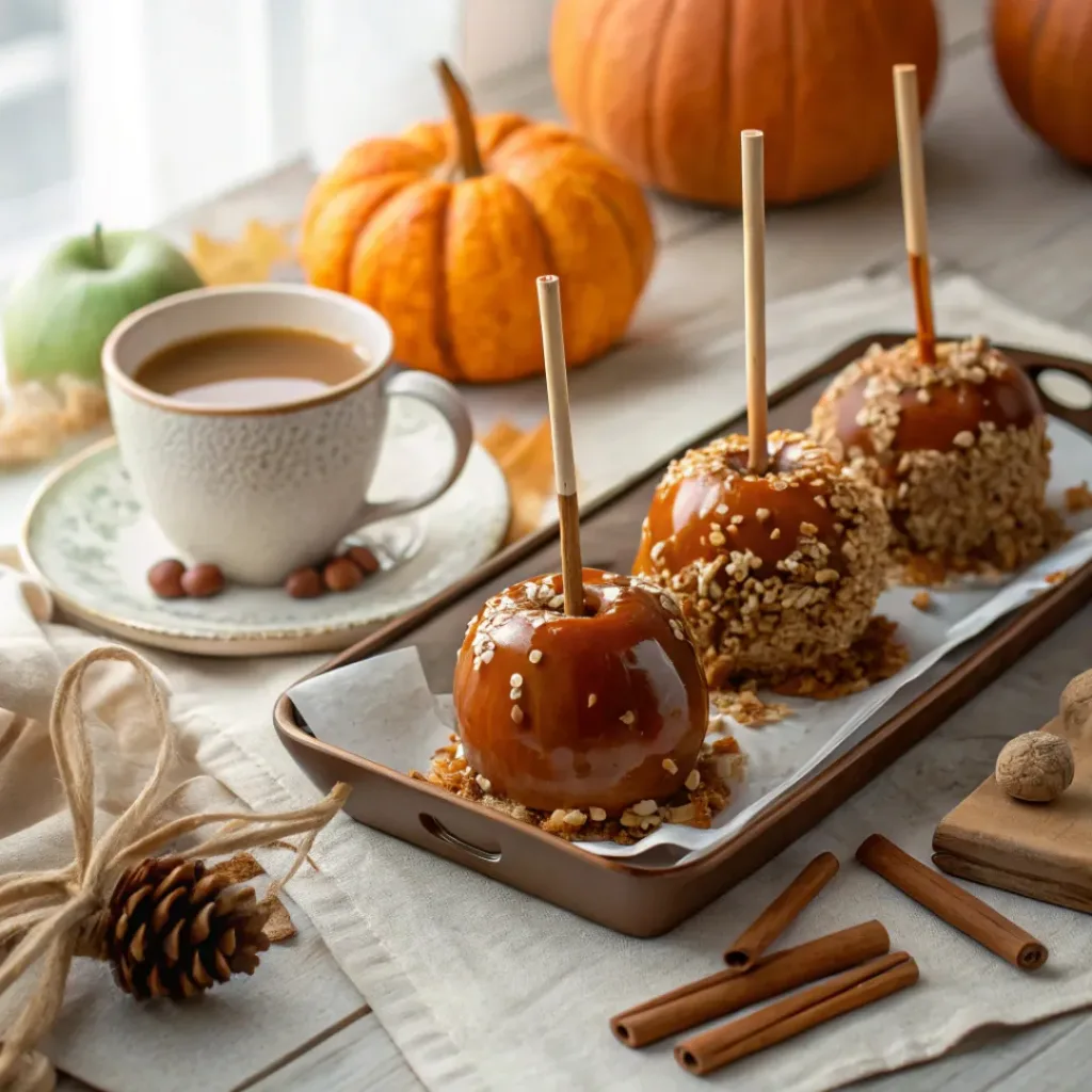 Homemade Caramel Apples – Sweet, Sticky, and Delicious 8 Caramel apples on tray with hot cider and fall decor
