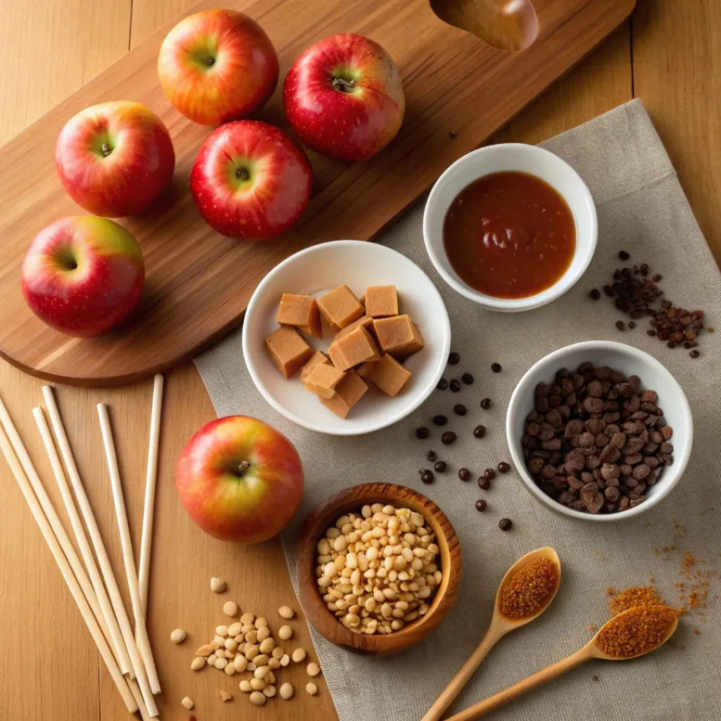 Homemade Caramel Apples – Sweet, Sticky, and Delicious 6 Overhead view of ingredients for caramel apples