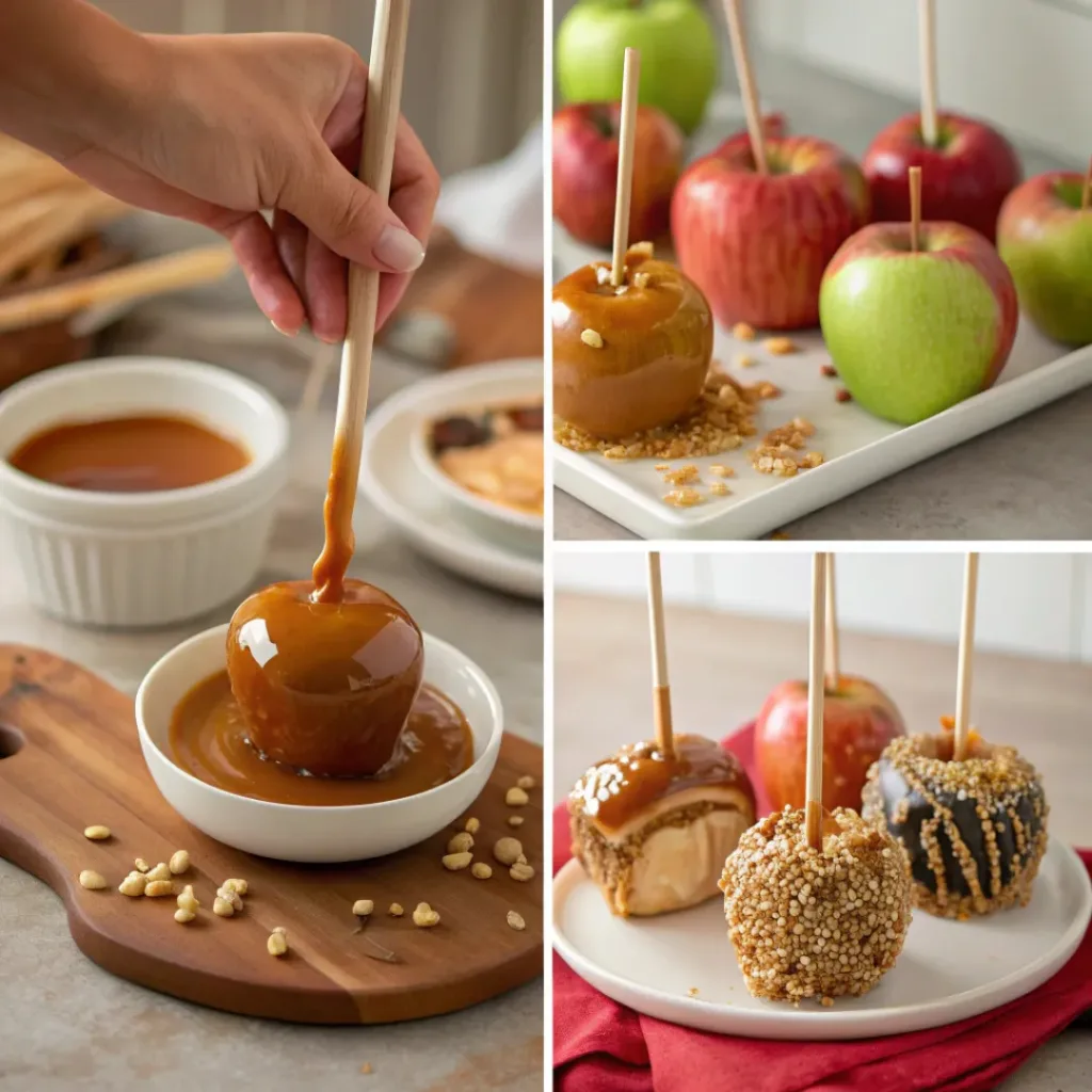 Homemade Caramel Apples – Sweet, Sticky, and Delicious 7 Step-by-step collage showing how to make caramel apples