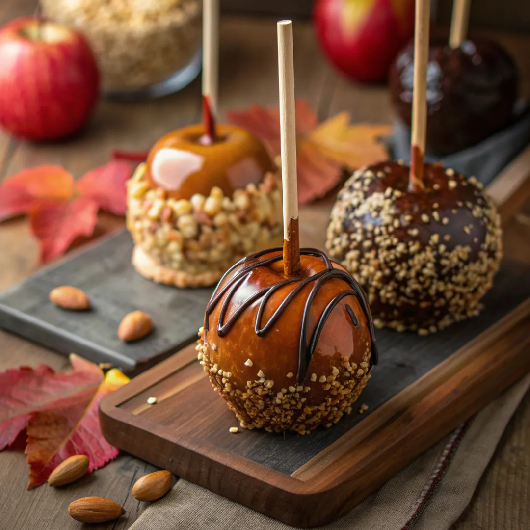 Caramel apples with assorted toppings on sticks