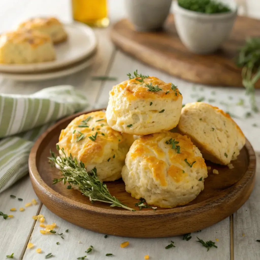 Freshly baked cheddar and herb biscuits on a rustic wooden plate