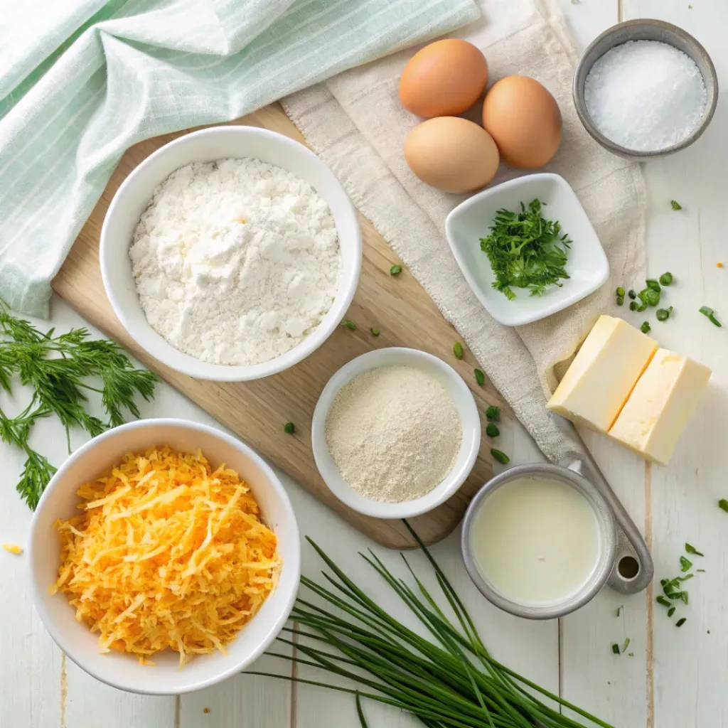 Overhead flat lay of ingredients for cheddar and herb biscuits