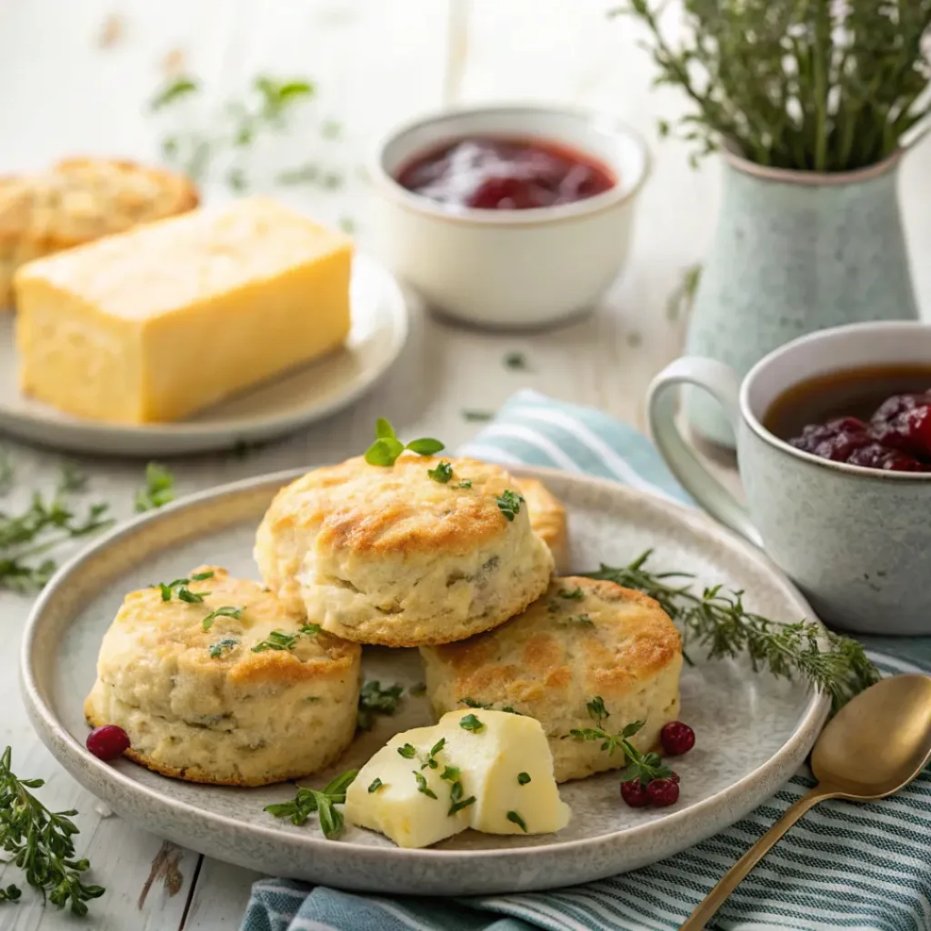 Cheddar and herb biscuits served with butter and tea