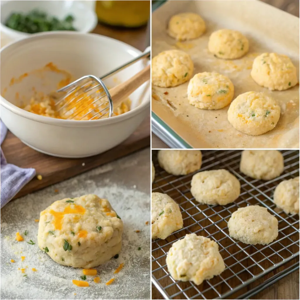 Step-by-step collage showing preparation of cheddar and herb biscuits