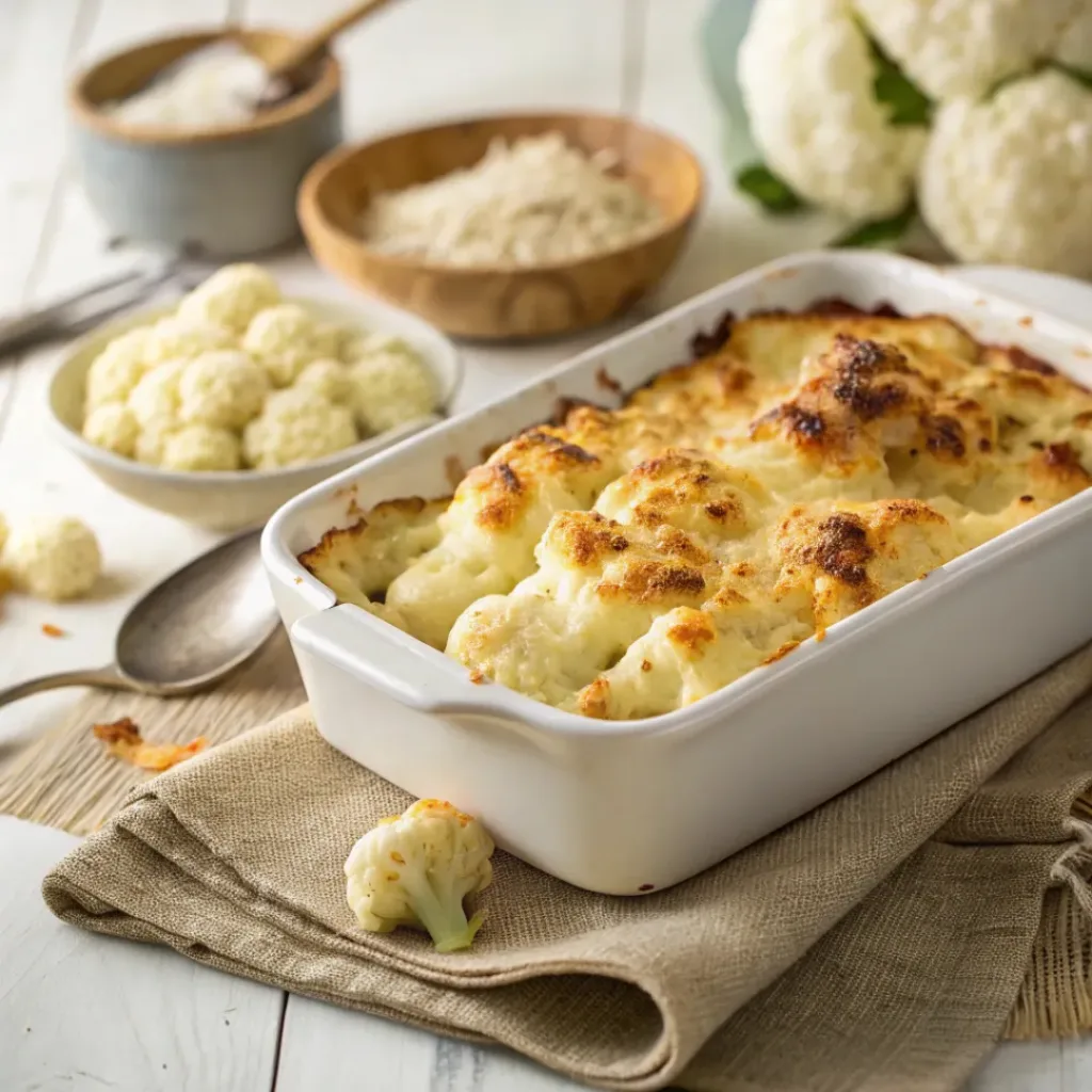 Cheesy Cauliflower Gratin – Creamy and Comforting Side Dish 4 Golden baked cheesy cauliflower gratin in a white dish