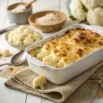 Golden baked cheesy cauliflower gratin in a white dish