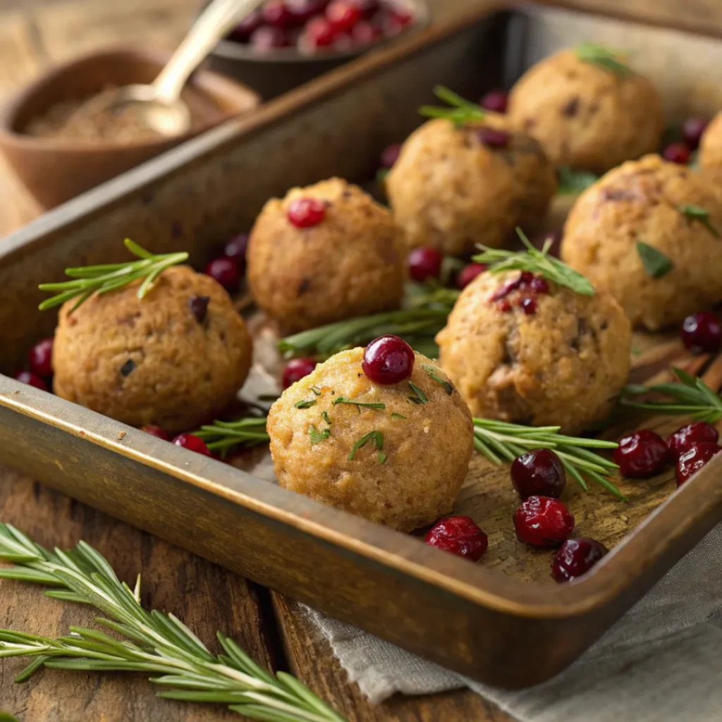 Golden stuffing balls with cranberries and chestnuts on a tray