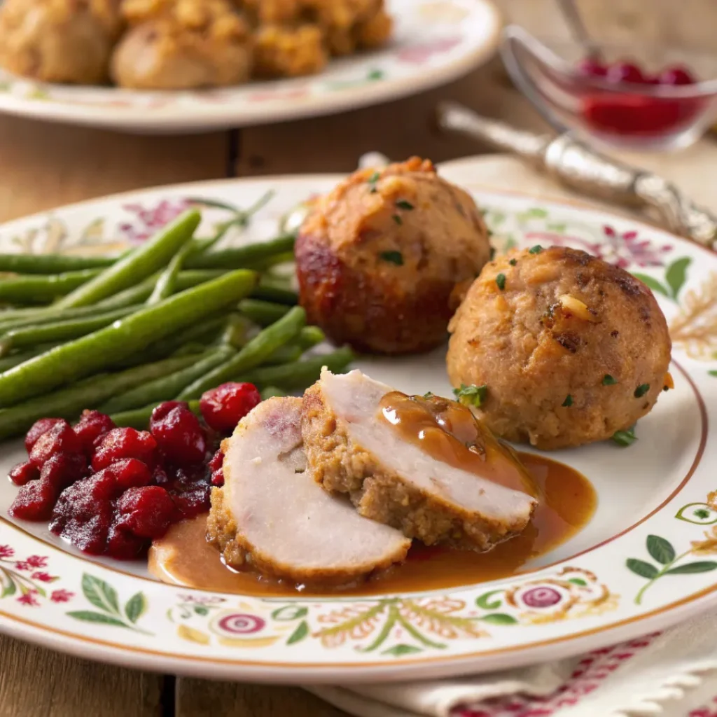 tuffing balls topped with cranberries and chestnuts served with roast