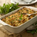 Dish of golden chicken cornbread dressing with herbs