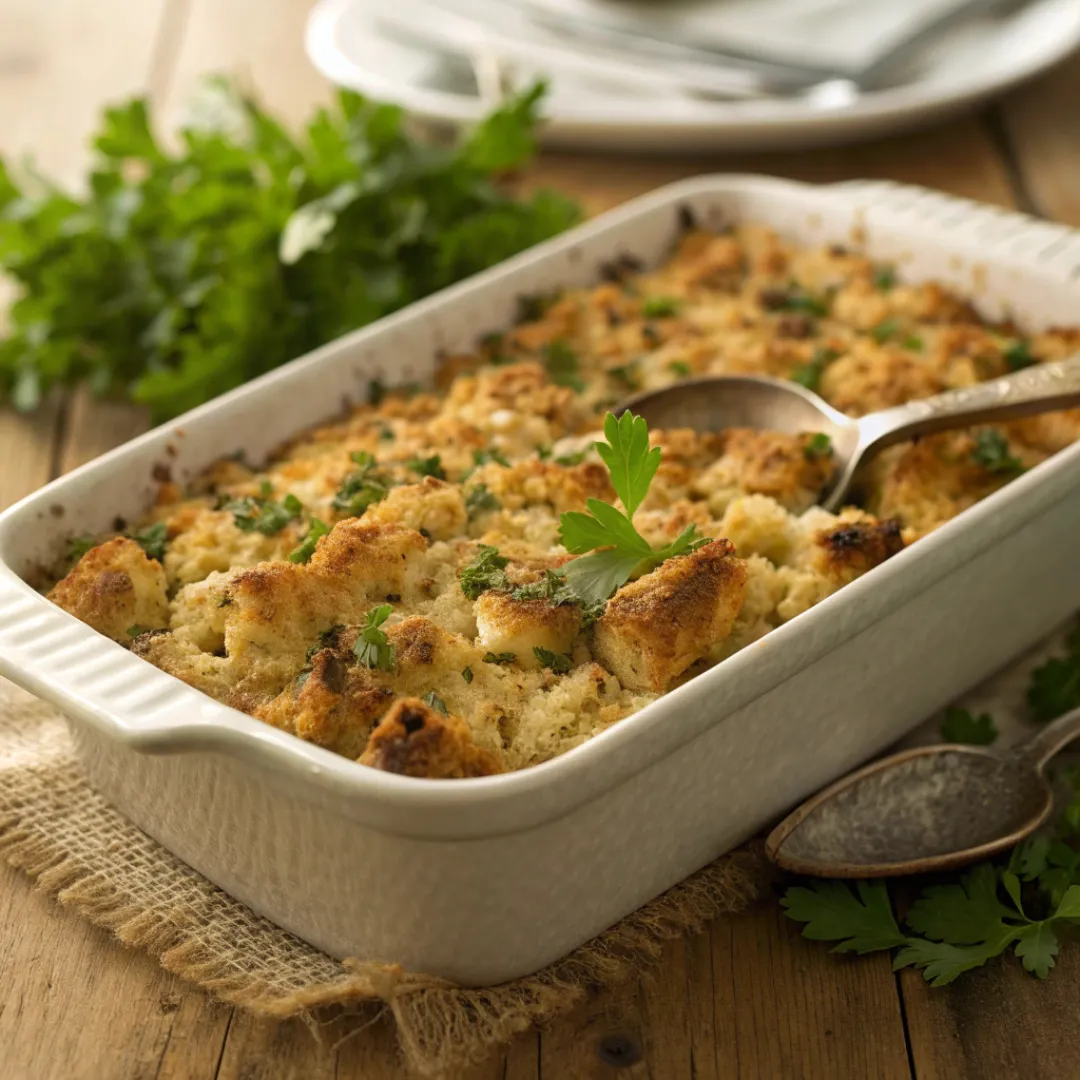 Dish of golden chicken cornbread dressing with herbs