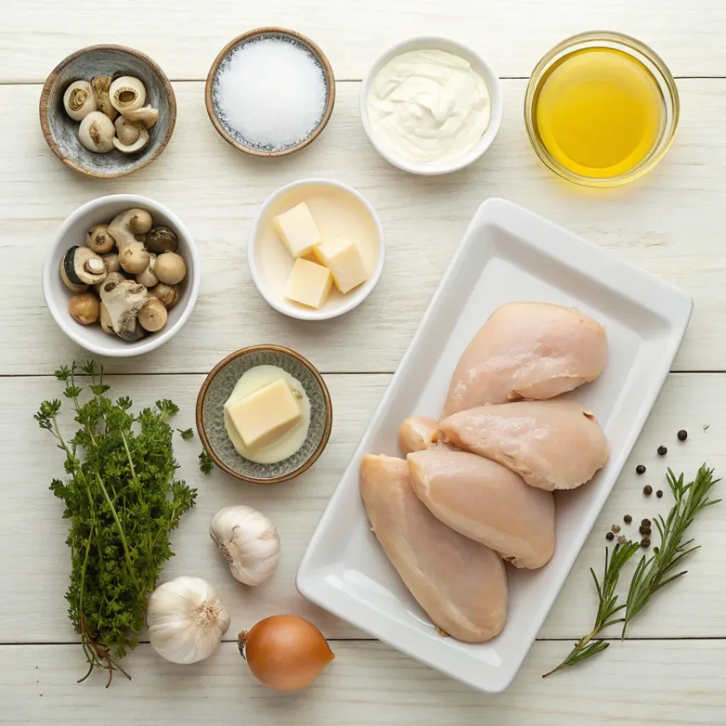 Chicken Marsala Recipe – Simple, Elegant, and Delicious 6 Overhead view of ingredients for creamy chicken marsala