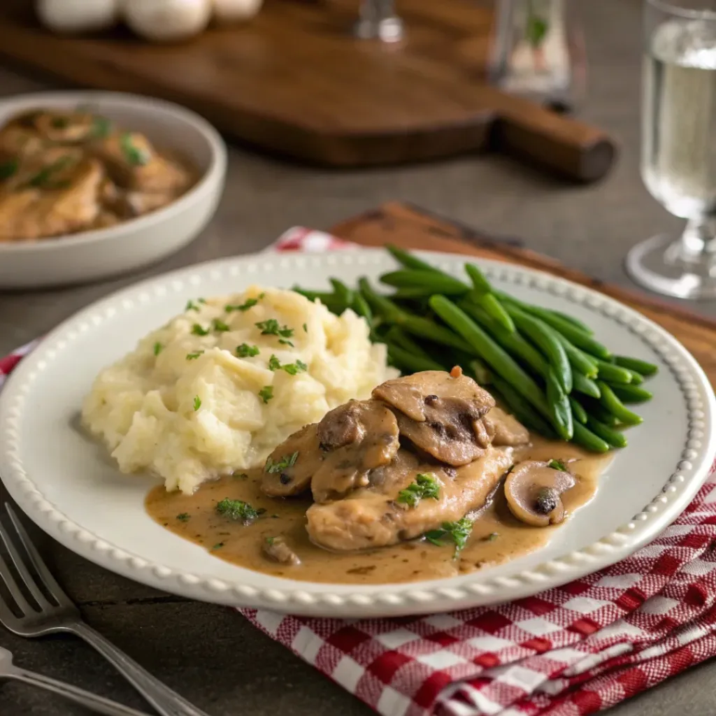 Chicken Marsala Recipe – Simple, Elegant, and Delicious 8 Creamy chicken marsala served with mashed potatoes and green beans