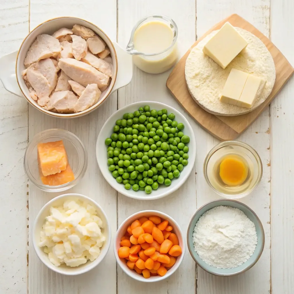 Easy Chicken Pot Pie Casserole Recipe – Perfect Weeknight Meal 6 Overhead view of ingredients for creamy chicken pot pie casserole