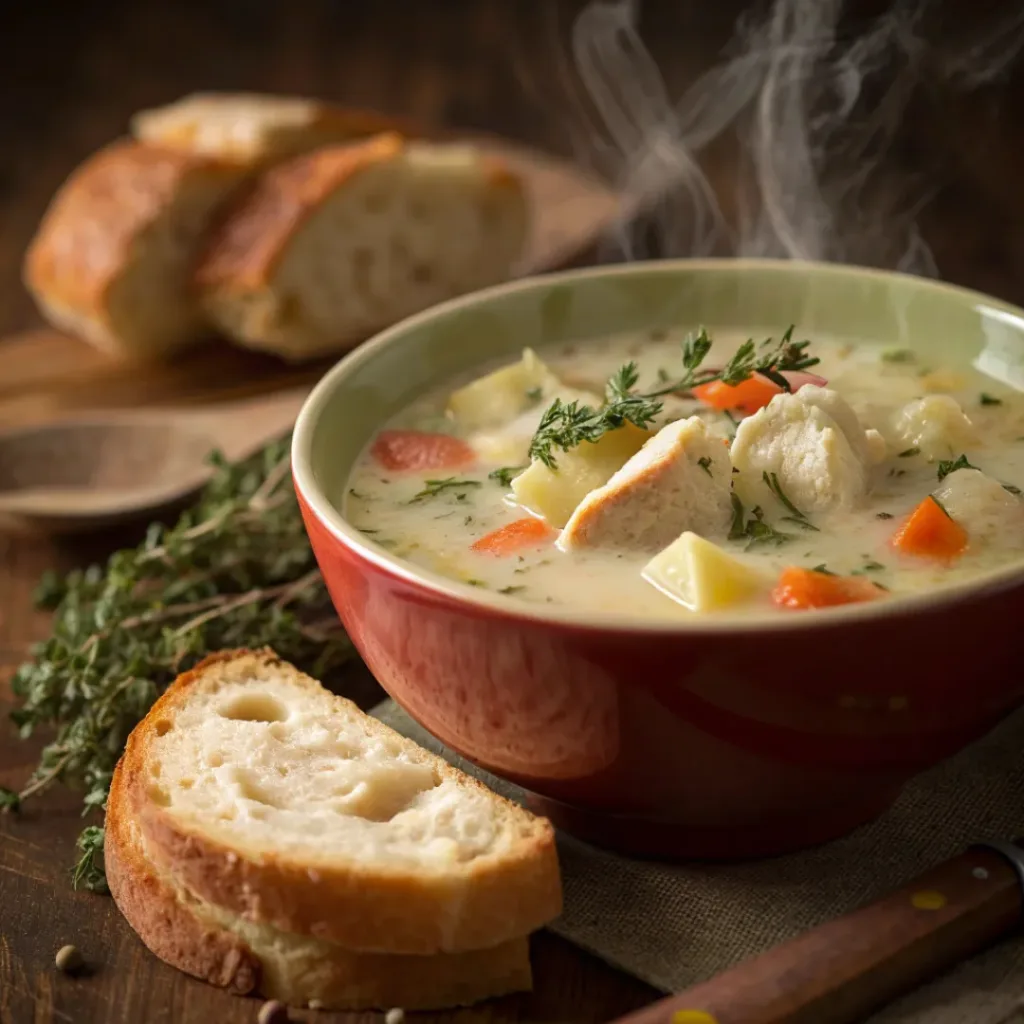 Bowl of chicken potato soup served with bread