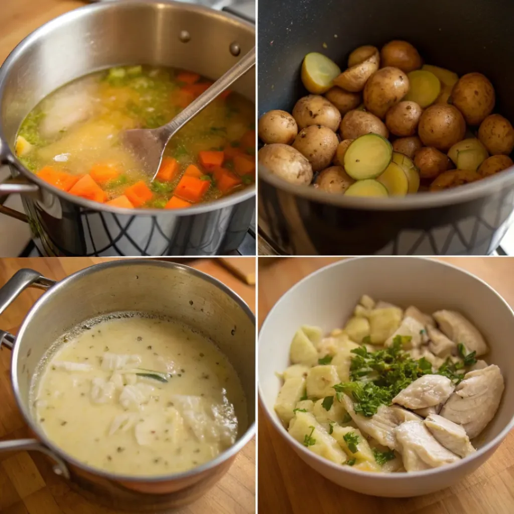 Step-by-step process of making chicken potato soup