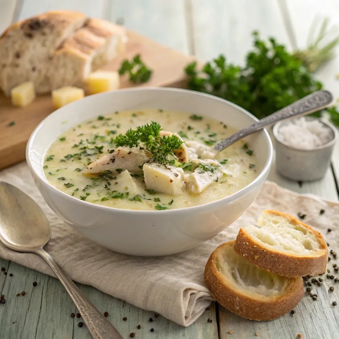 Bowl of creamy chicken potato soup with herbs