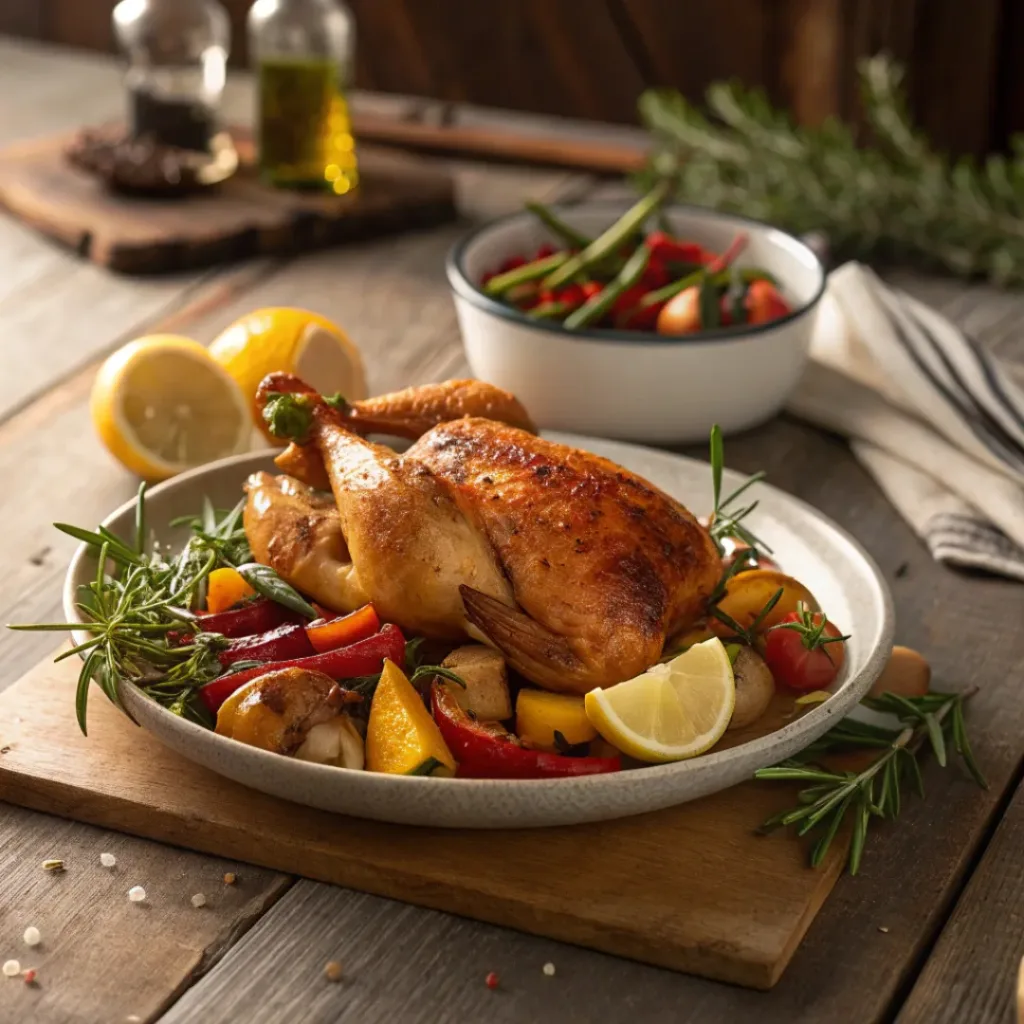 Chicken Under a Brick – Crispy, Juicy, and Flavorful 8 Crispy chicken under a brick served with roasted vegetables and lemon
