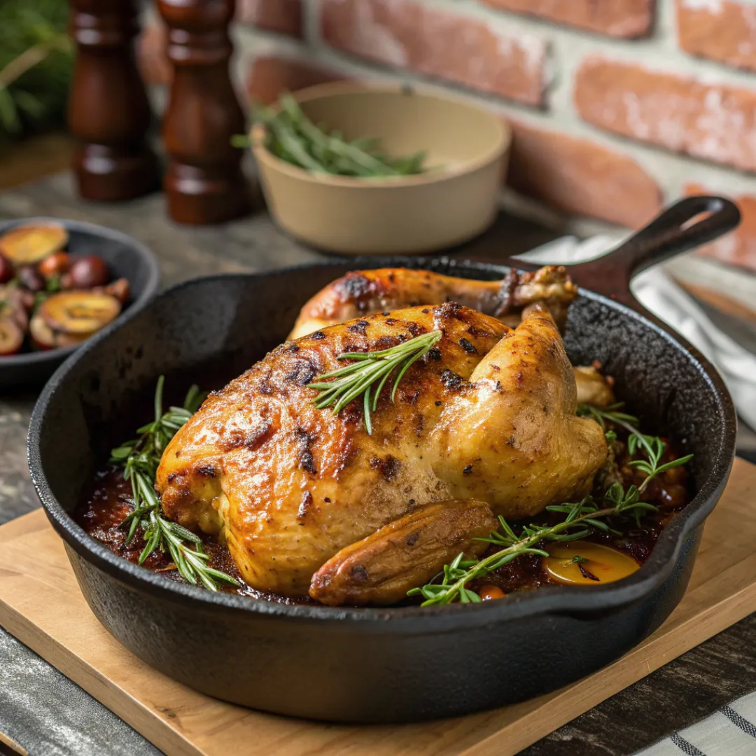 Golden crispy chicken cooked under a brick in a skillet