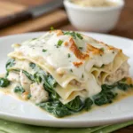 Slice of creamy chicken and spinach lasagna