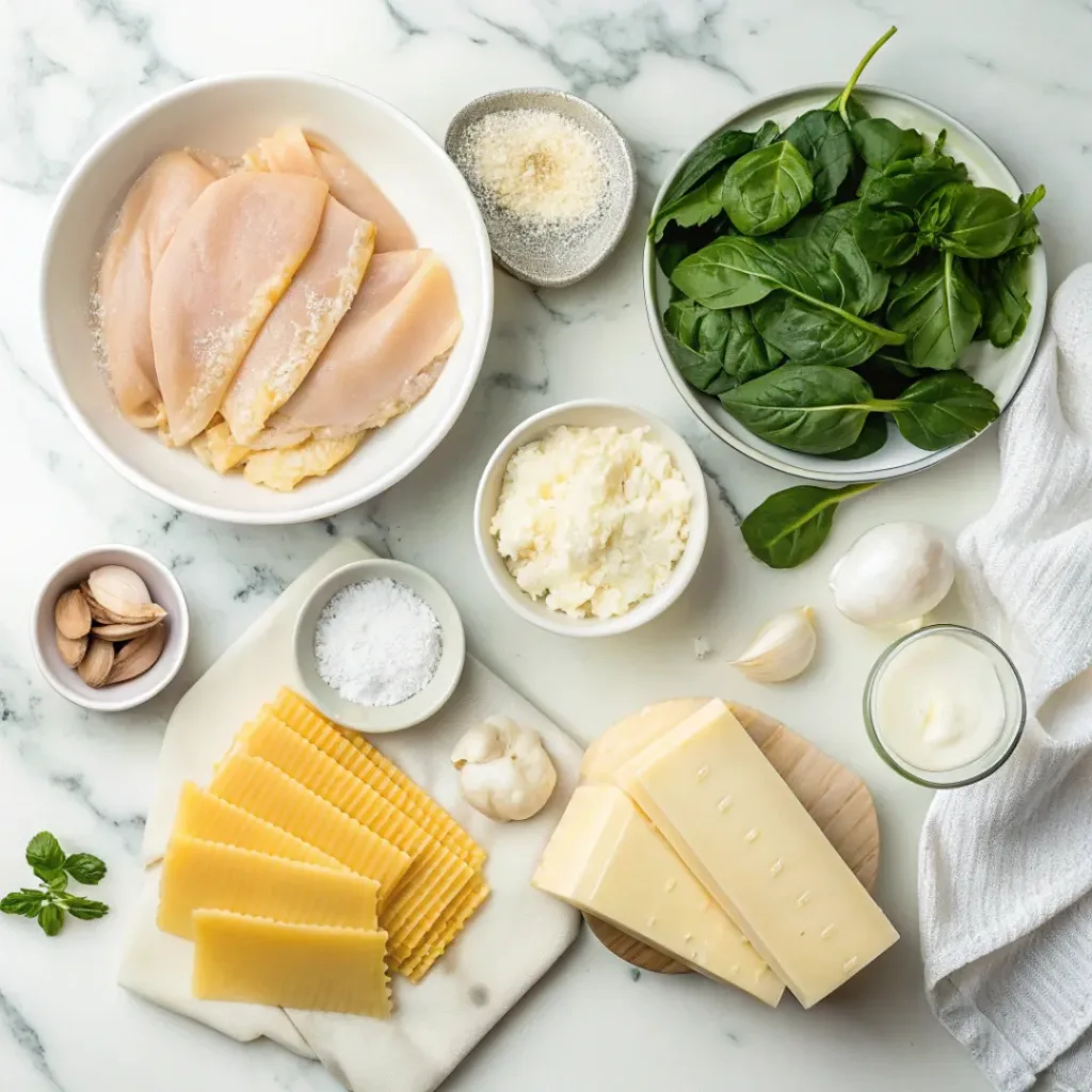Ingredients for creamy chicken and spinach lasagna