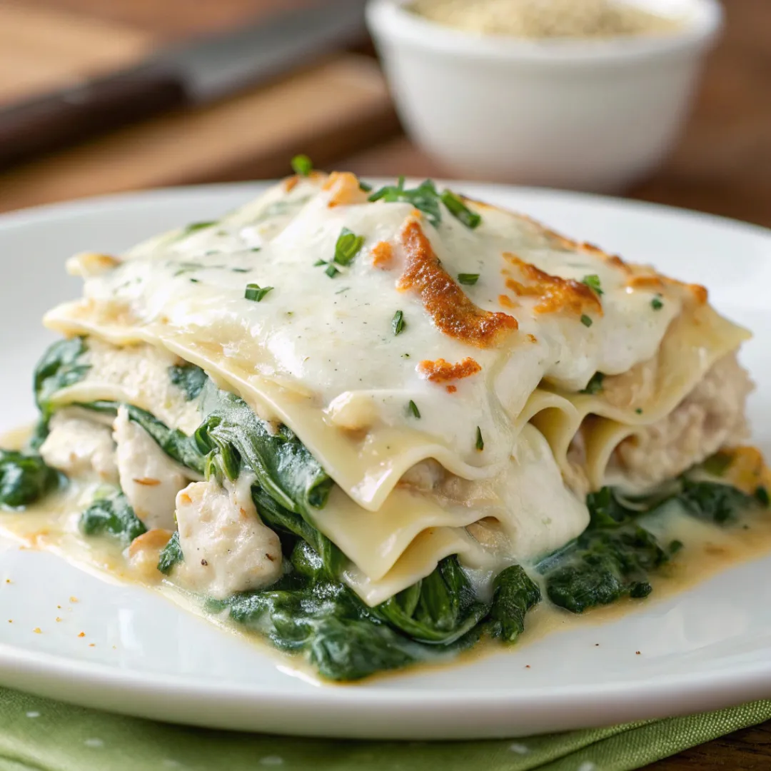 Slice of creamy chicken and spinach lasagna