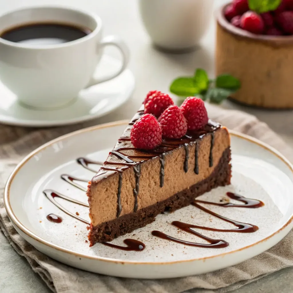 Chocolate Cheesecake – Rich, Creamy, and Decadent 8 Slice of chocolate cheesecake served with raspberries and chocolate drizzle