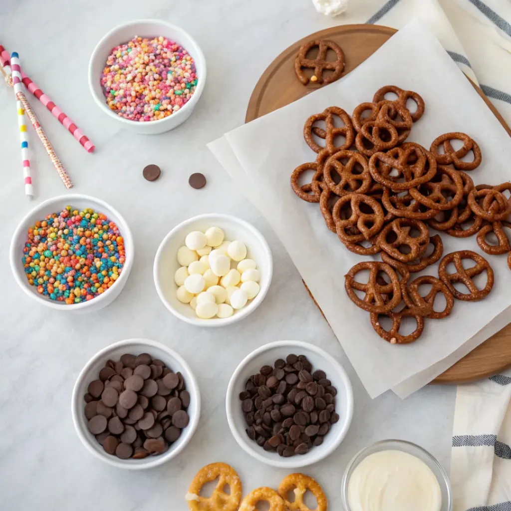 Homemade Chocolate Covered Pretzels Recipe 6 Flat lay of ingredients for chocolate covered pretzels