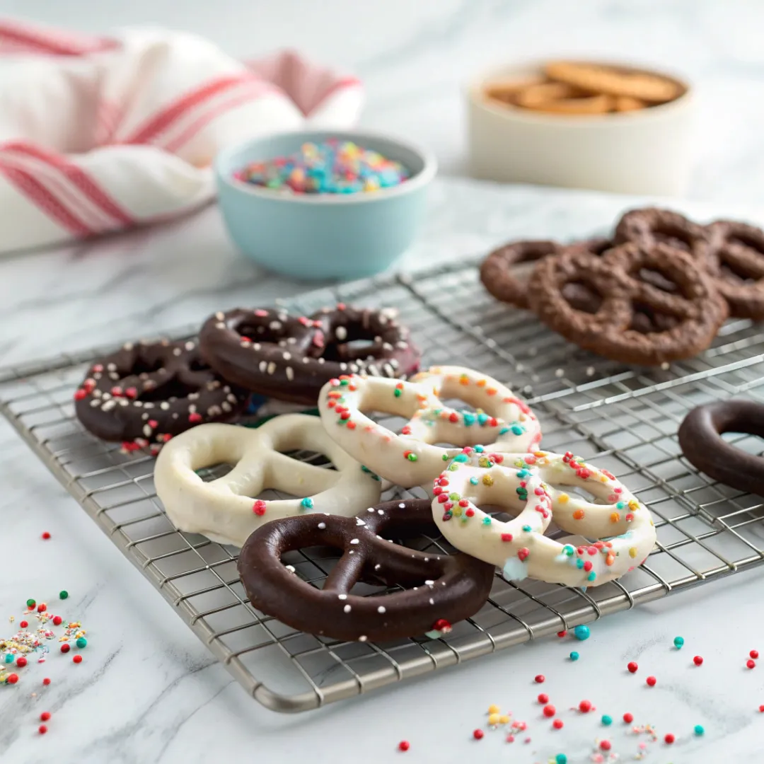 Chocolate covered pretzels with sprinkles on a rack