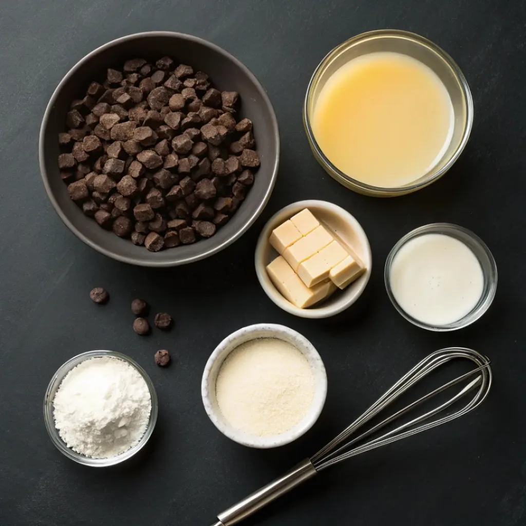 Easy 3-Ingredient Chocolate Fudge Recipe 6 Flat lay of ingredients to make Chocolate Fudge