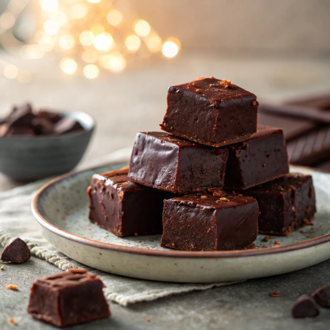 Easy 3-Ingredient Chocolate Fudge Recipe 5 Stack of creamy Chocolate Fudge squares