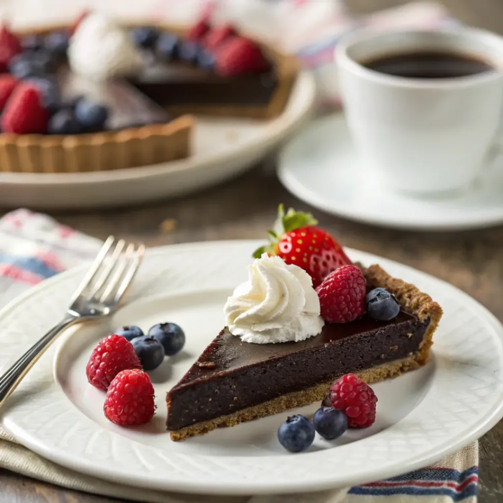 Rich Chocolate Ganache Tart 8 Slice of chocolate ganache tart with whipped cream