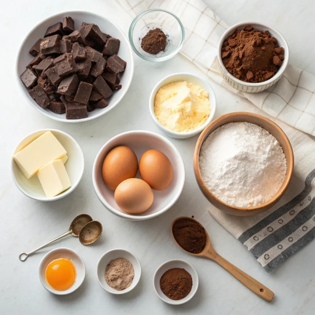 Overhead view of chocolate lava cakes ingredients neatly arranged