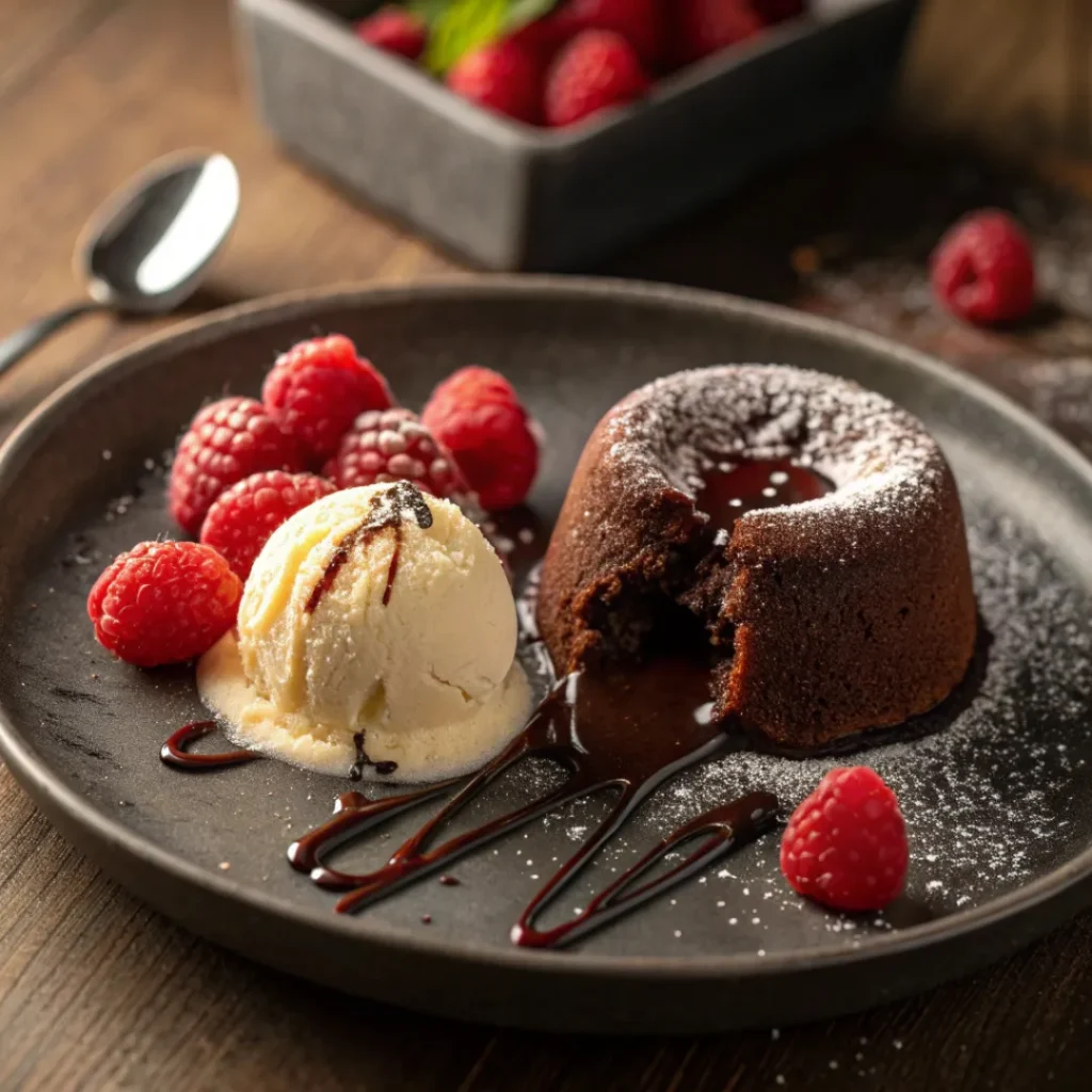 Chocolate lava cake with molten center, ice cream, and raspberries