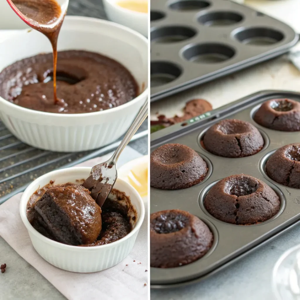 Collage of chocolate lava cake preparation steps