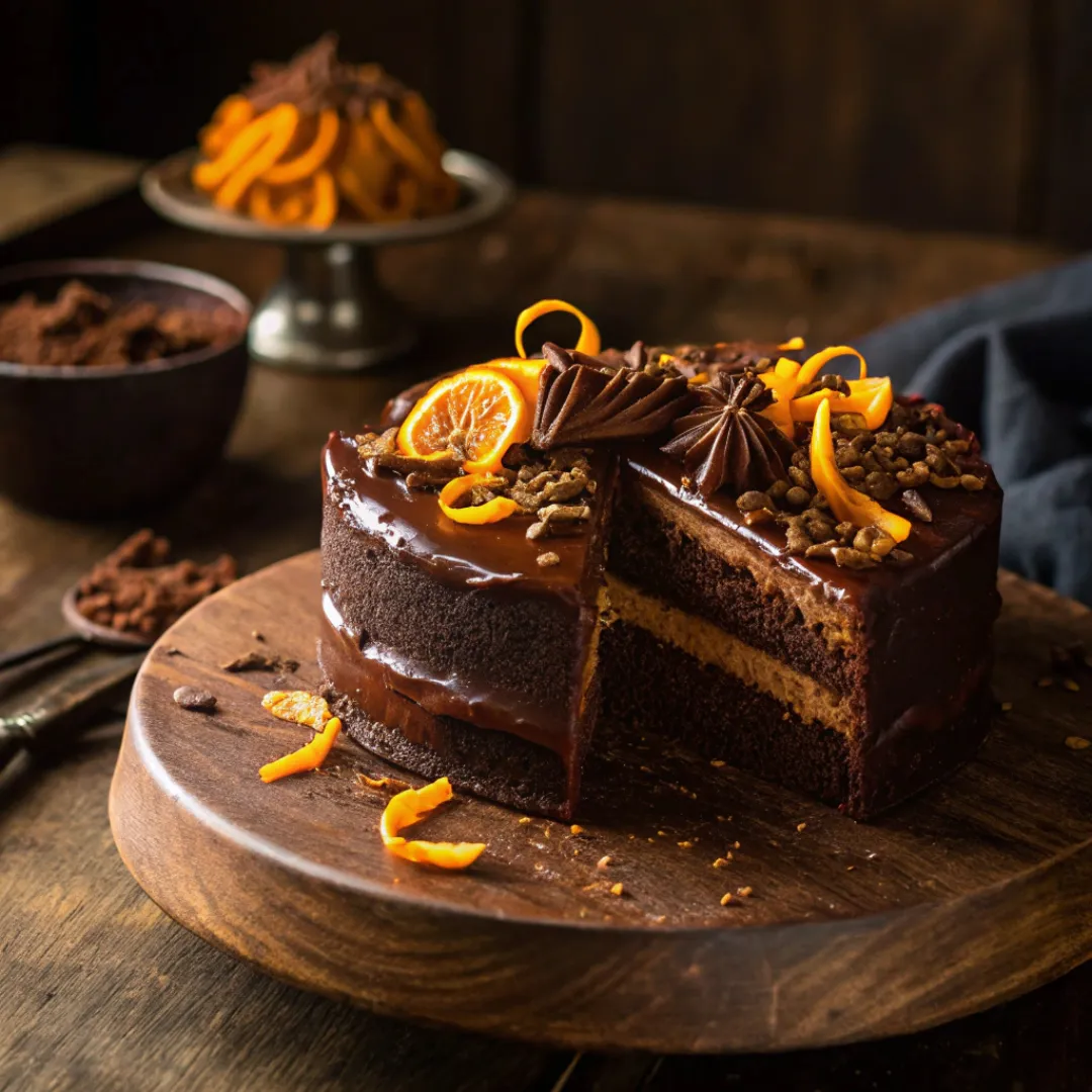 Moist chocolate orange cake with ganache and orange zest