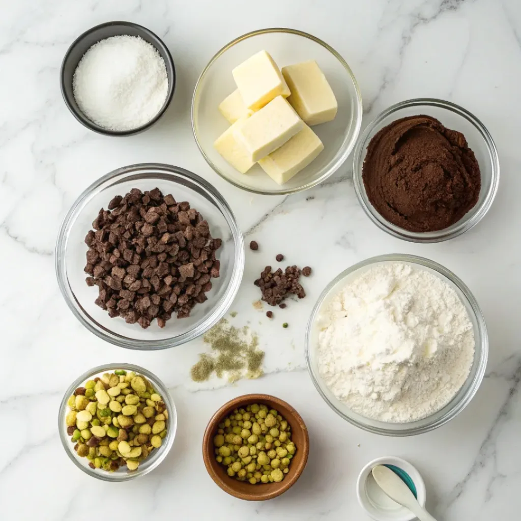 Chocolate Pistachio Shortbread Cookies – Buttery, Crisp, and Nutty Delight 6 Flat lay of ingredients for chocolate pistachio shortbread cookies