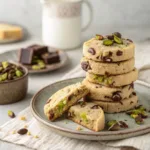 Stack of chocolate pistachio shortbread cookies on a plate