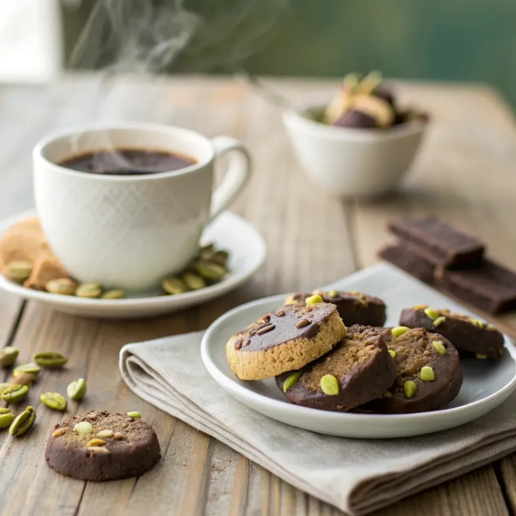Chocolate Pistachio Shortbread Cookies – Buttery, Crisp, and Nutty Delight 8 Chocolate pistachio shortbread cookies served with coffee