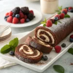 Homemade Chocolate Swiss Roll with Cream Filling 9 Chocolate Swiss roll sliced with cream filling