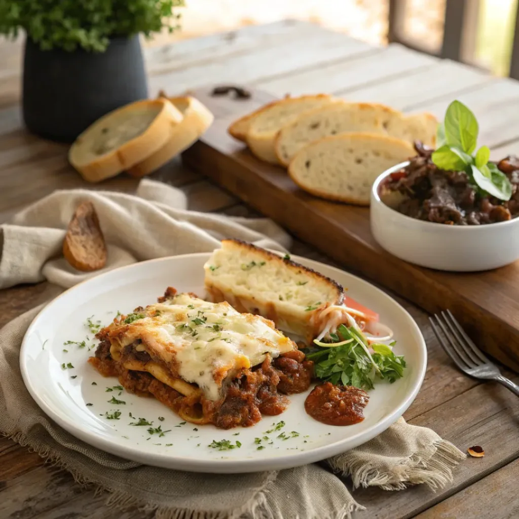 Classic Beef Lasagna – Traditional Italian Comfort Food 8 Plate of beef lasagna served with garlic bread and salad