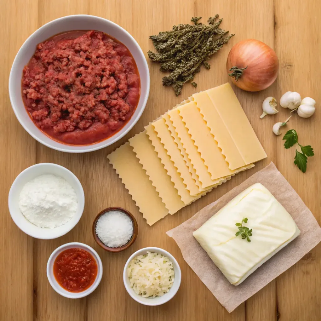 Classic Beef Lasagna – Traditional Italian Comfort Food 6 Flat lay of ingredients for homemade beef lasagna