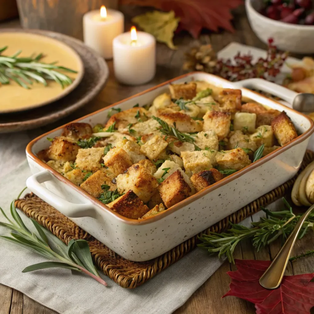 Baked herb stuffing in a casserole dish with golden bread cubes