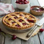 Homemade cherry pie with golden lattice crust and glossy filling