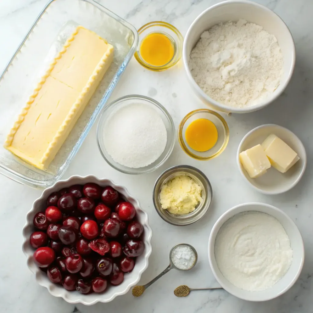 Flat lay of fresh cherries, pie dough, and ingredients for cherry pie