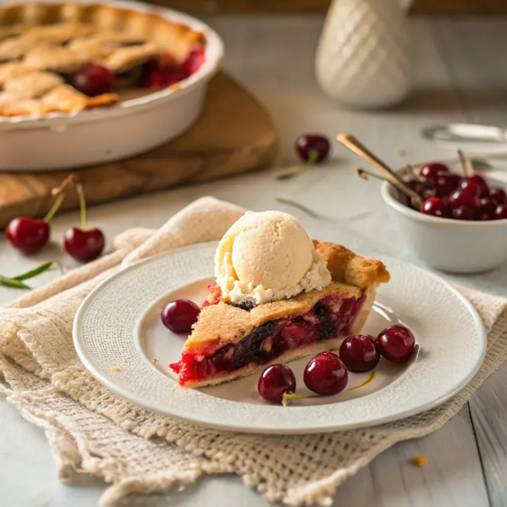 Slice of cherry pie served with vanilla ice cream