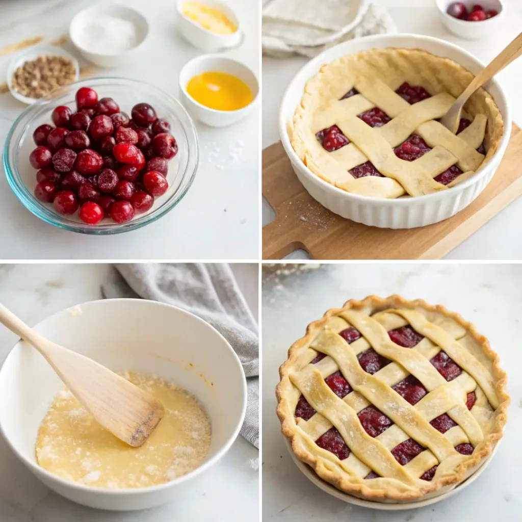 Step-by-step collage showing the process of making cherry pie